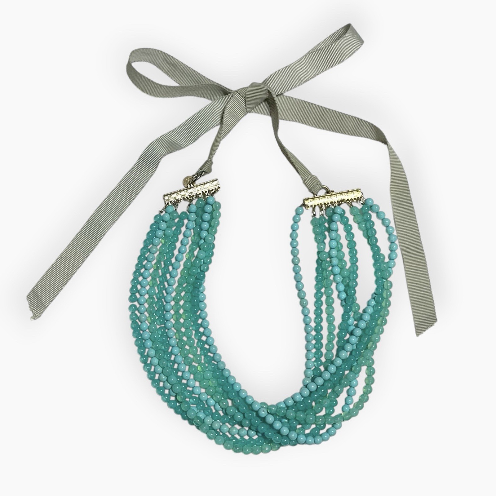 LOREN HOPE Beaded Necklace Good Tone Turquoise Blue Green Multi Strand Ribbon
