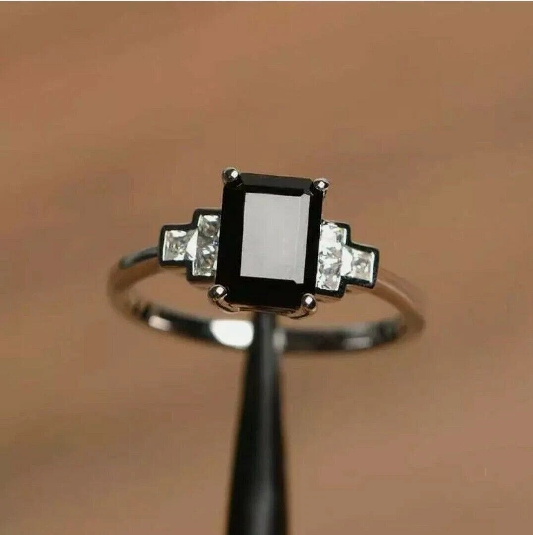 Emerald Cut Black Onyx & Lab Created Diamond Wedding 14Ct White Gold Finish Ring