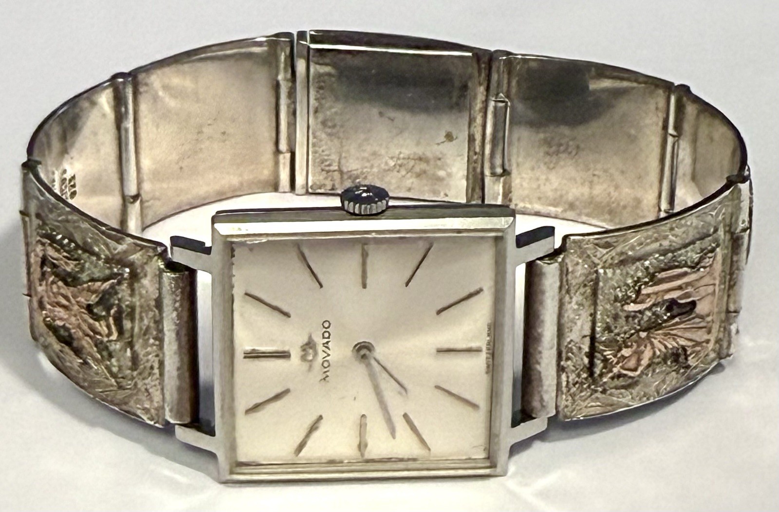 Vintage MOVADO 26mm Square| 925 Silver AZTEC & MAYAN Symbols 7.0″ Bracelet Watch