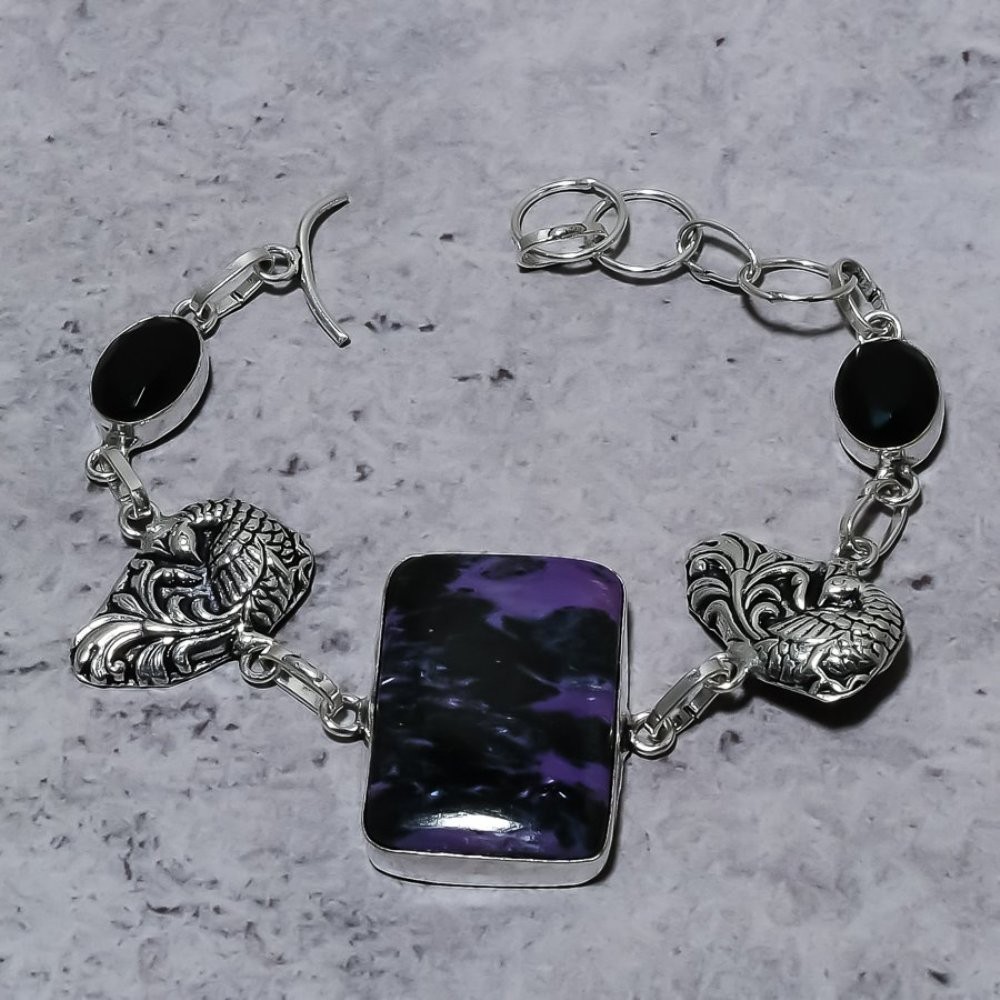 Russian Charoite, Black Spinel Gemstone 925 Sterling Silver Bracelet 7-8″ P107