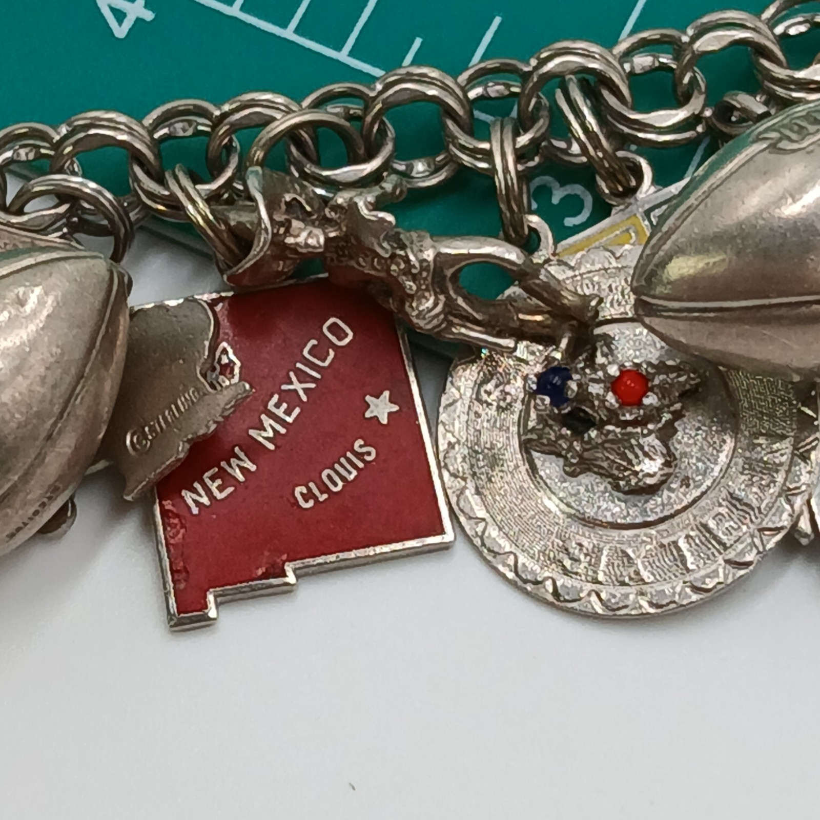 VTG 60s Charm Bracelet 8in Sterling Silver 70g JANE School Travel Faith South US