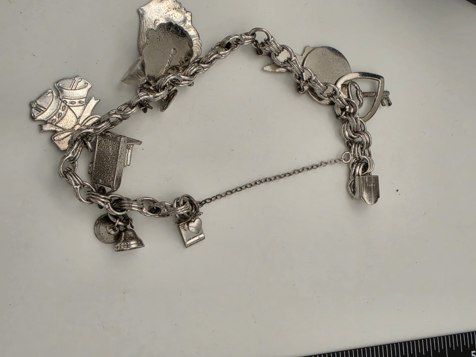 Vintage Elco Sterling Silver Triple Link Charm Bracelet With Charms, 6.25 in, I5