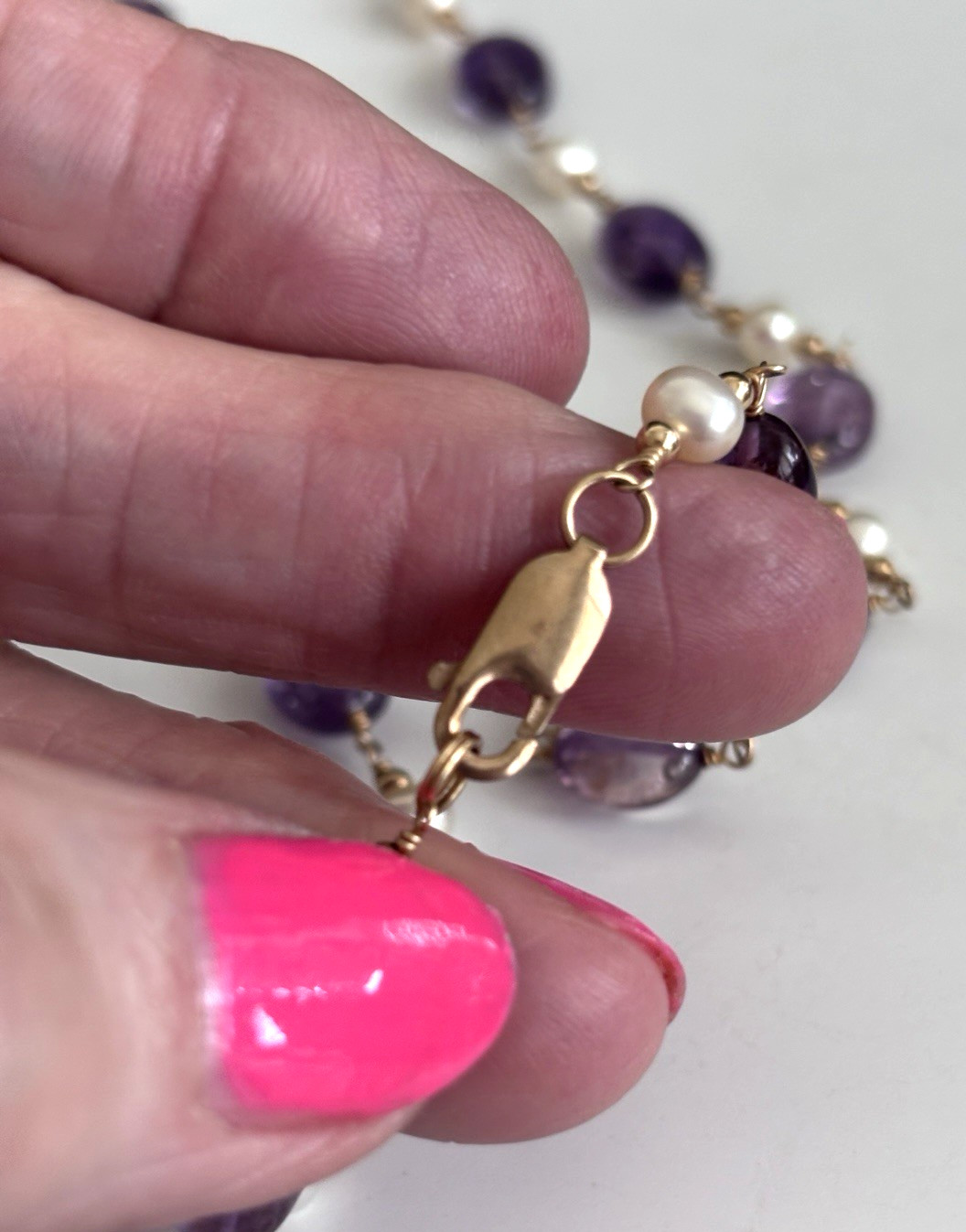 Polished Amethyst And Freshwater Pearl Beaded Necklace 14/20k Gold Filled Clasp