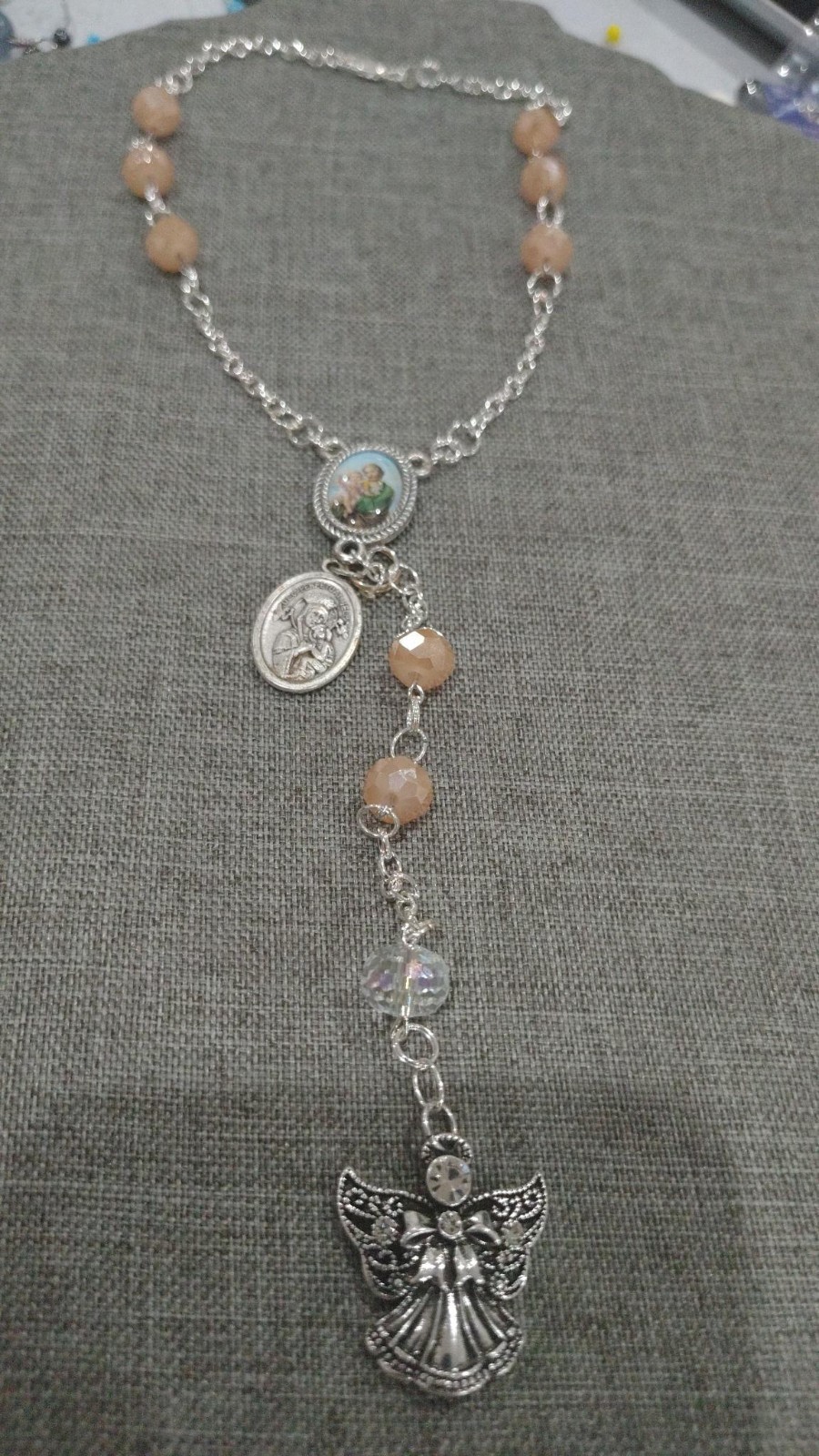 Necklace Chain Chipped Silver Chain Brown Beads Charms