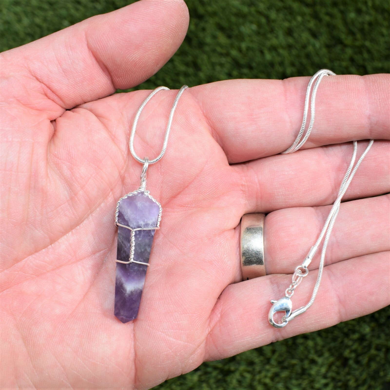 CHARGED Wire Wrapped Himalayan Amethyst Point Pendant + 20″ StainlessSteel Chain