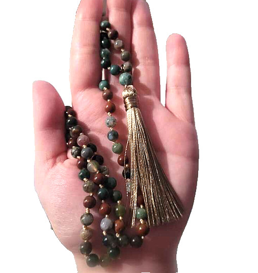 Agate Natural Stone 108 Beaded Mala Necklace with Gold Tassel – 21″ *NEW*