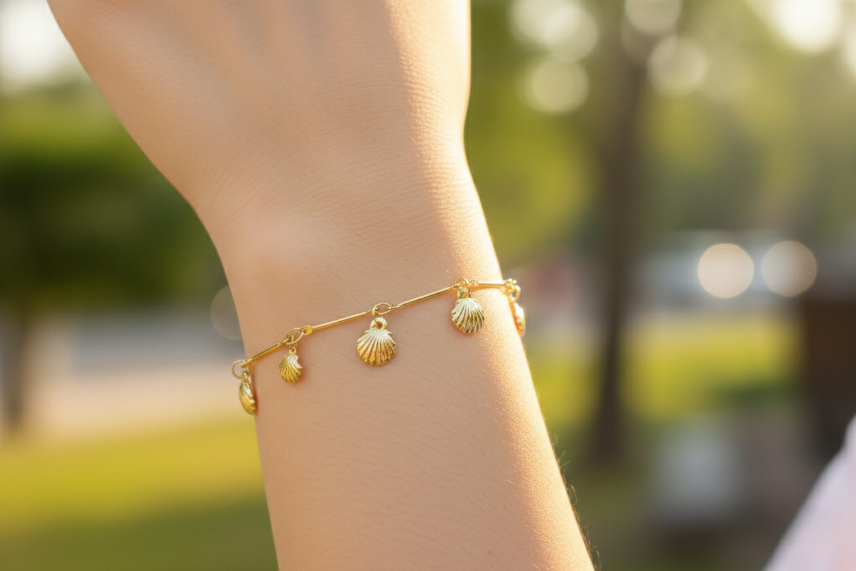 Handcrafted Gold Tone Shell Charm Bracelet Delicate 18K Gold Plated Brass Chain