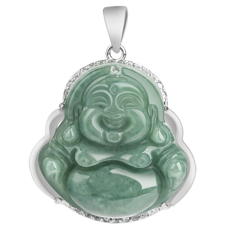 Natural A Grade Bean Jade Laughing Buddha S925 Silver Pendant Women Holiday Gift