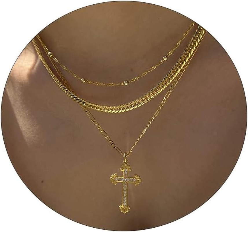 Cross Necklace for Women 14K Gold Plated Dainty Heart Cross Pendant Choker Simpl