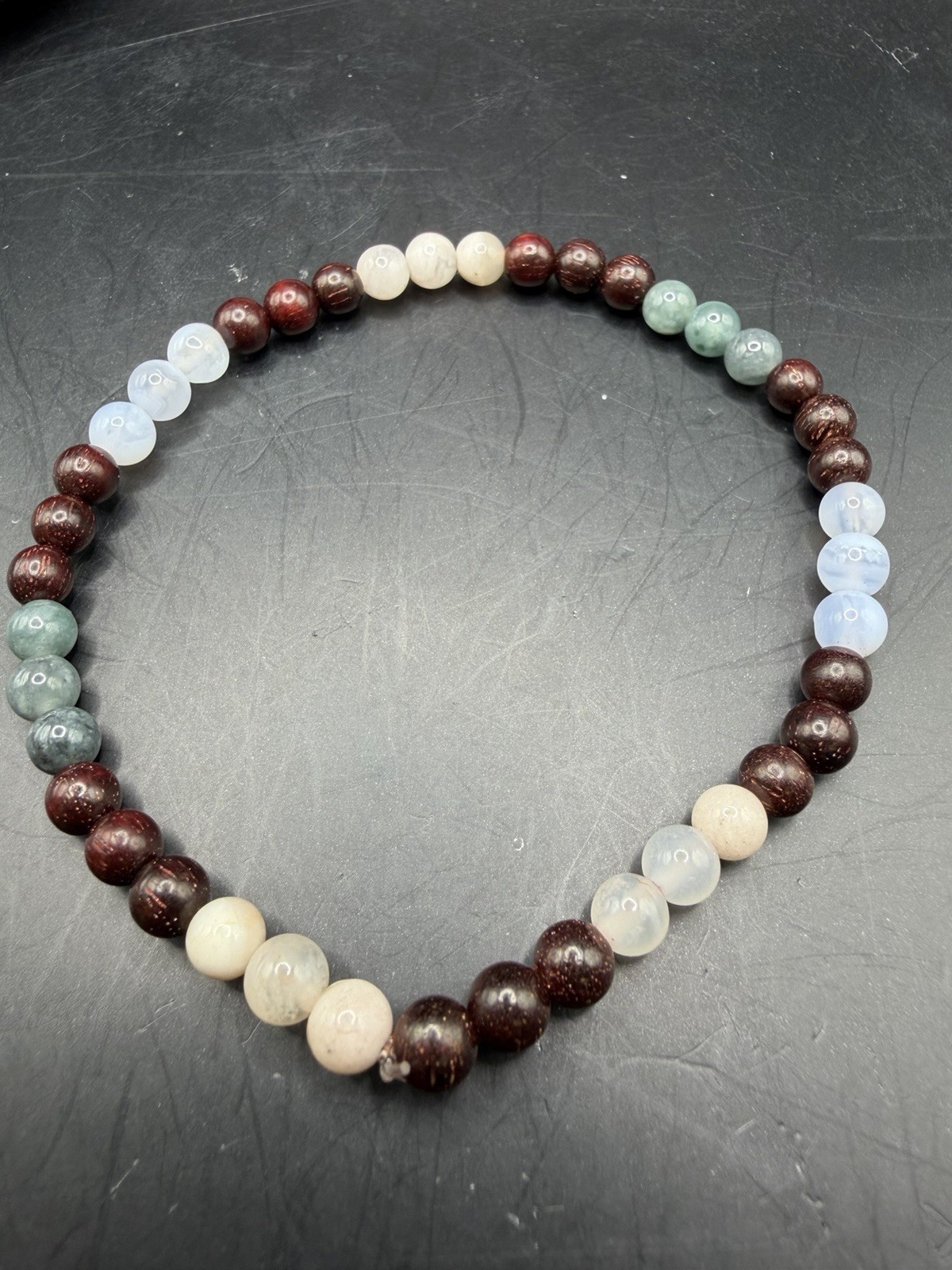 Beaded Bracelet with Blue Water Jade, Pink Flower Agate, and Sandalwood Beads