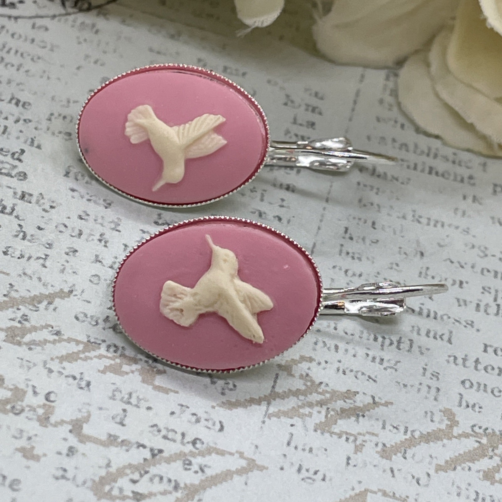 Pink White Hummingbird Silver Boutique French Wire Cameo Earrings Wedding Mom