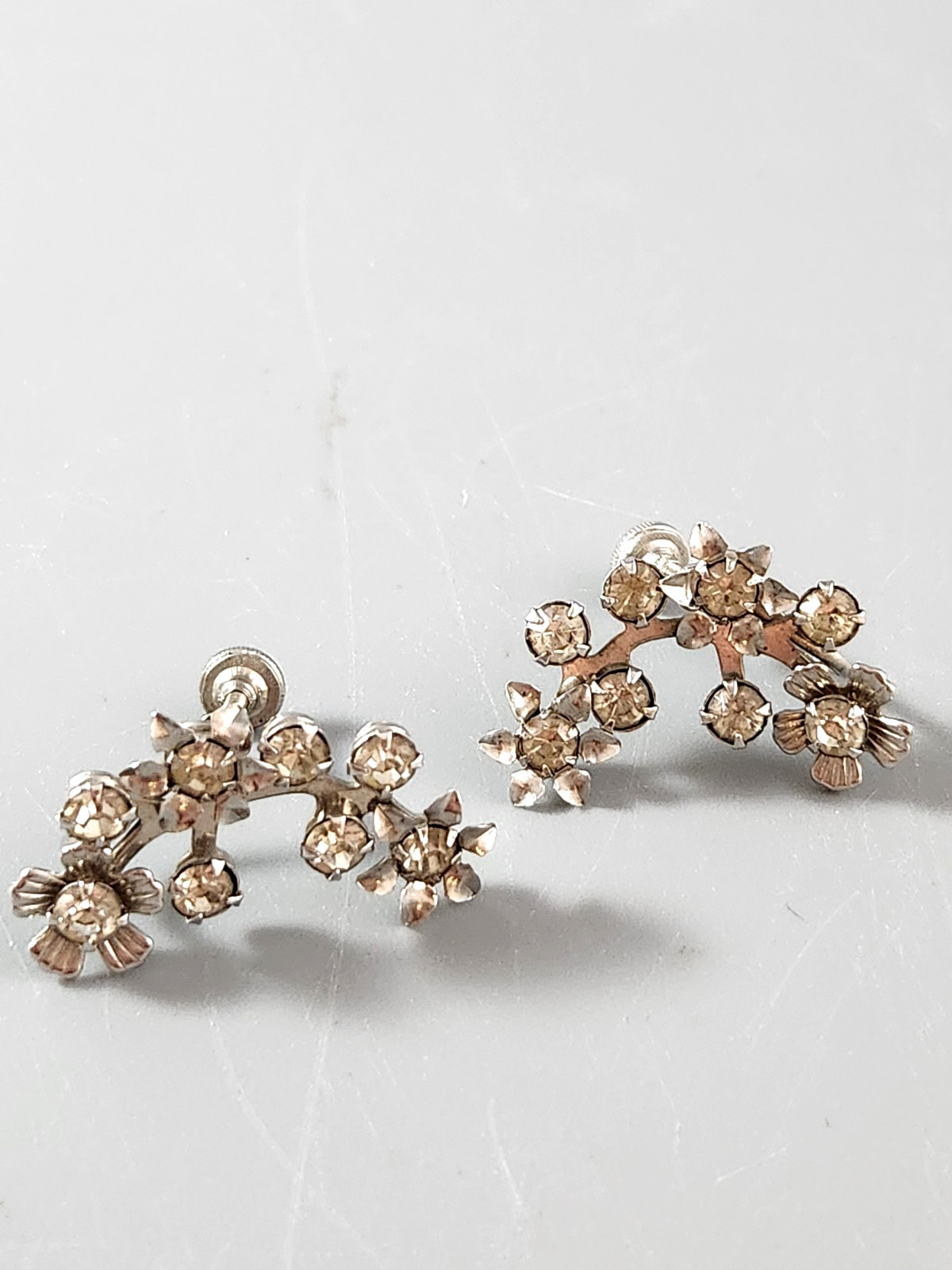 Vintage Flower Rhinestone Climber Earrings Screw Back Mid-Century Statement
