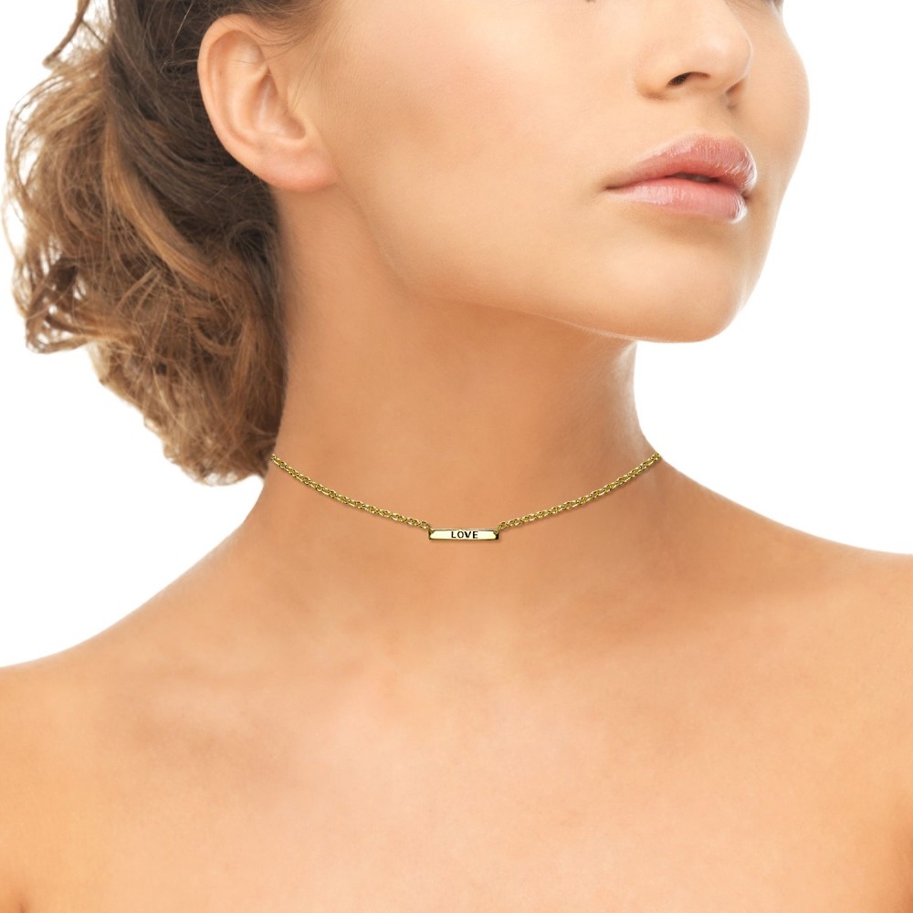 Yellow Gold Flashed 925 Silver Polished Love Inspirational Bar Choker Necklace