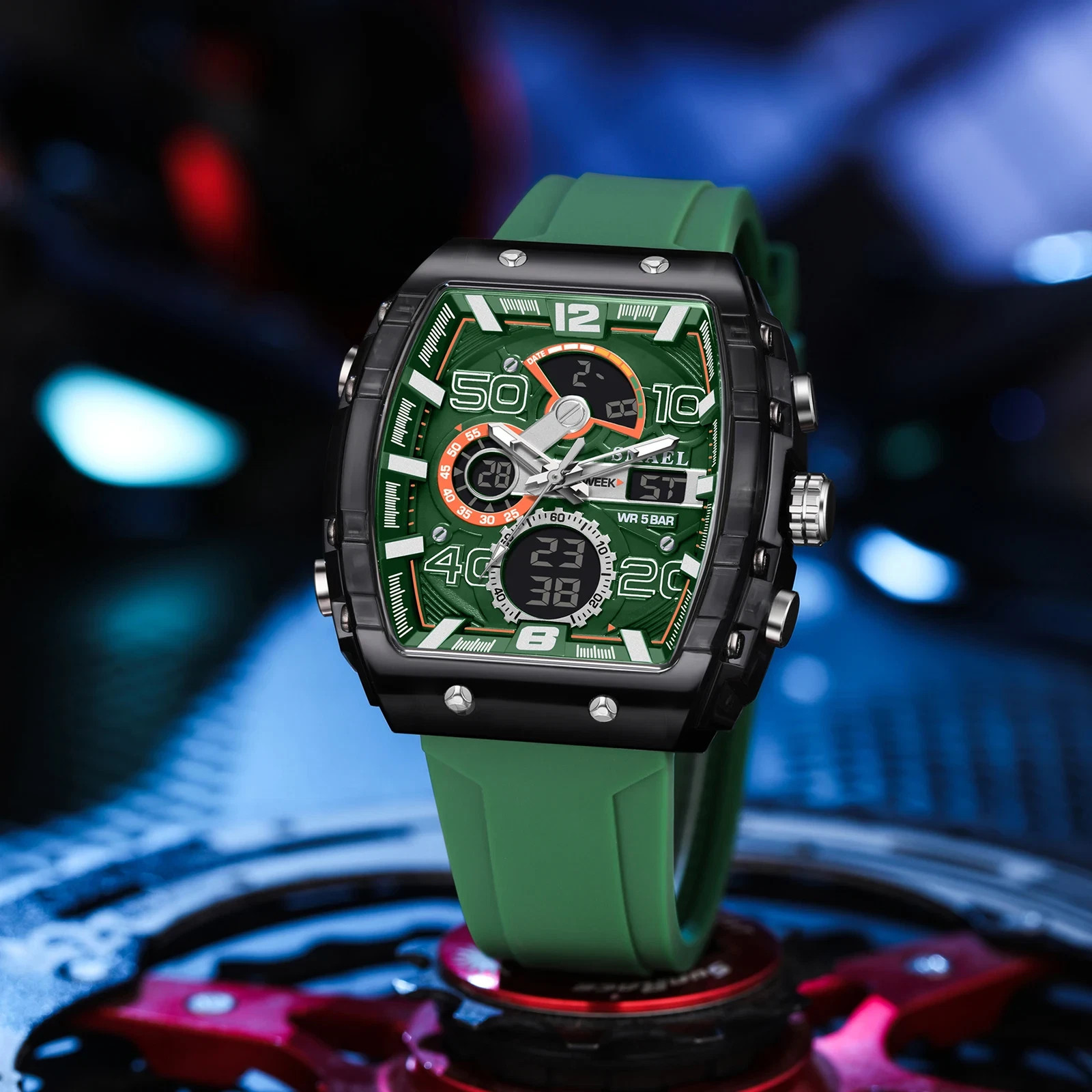 Fashion Men’s Electronic Watch Square Dual Display Waterproof Luminous Multi-Col
