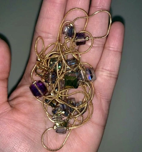 14k Gold Plated Long Sweater Necklace Made Simulated Diamond Aurora Borealis