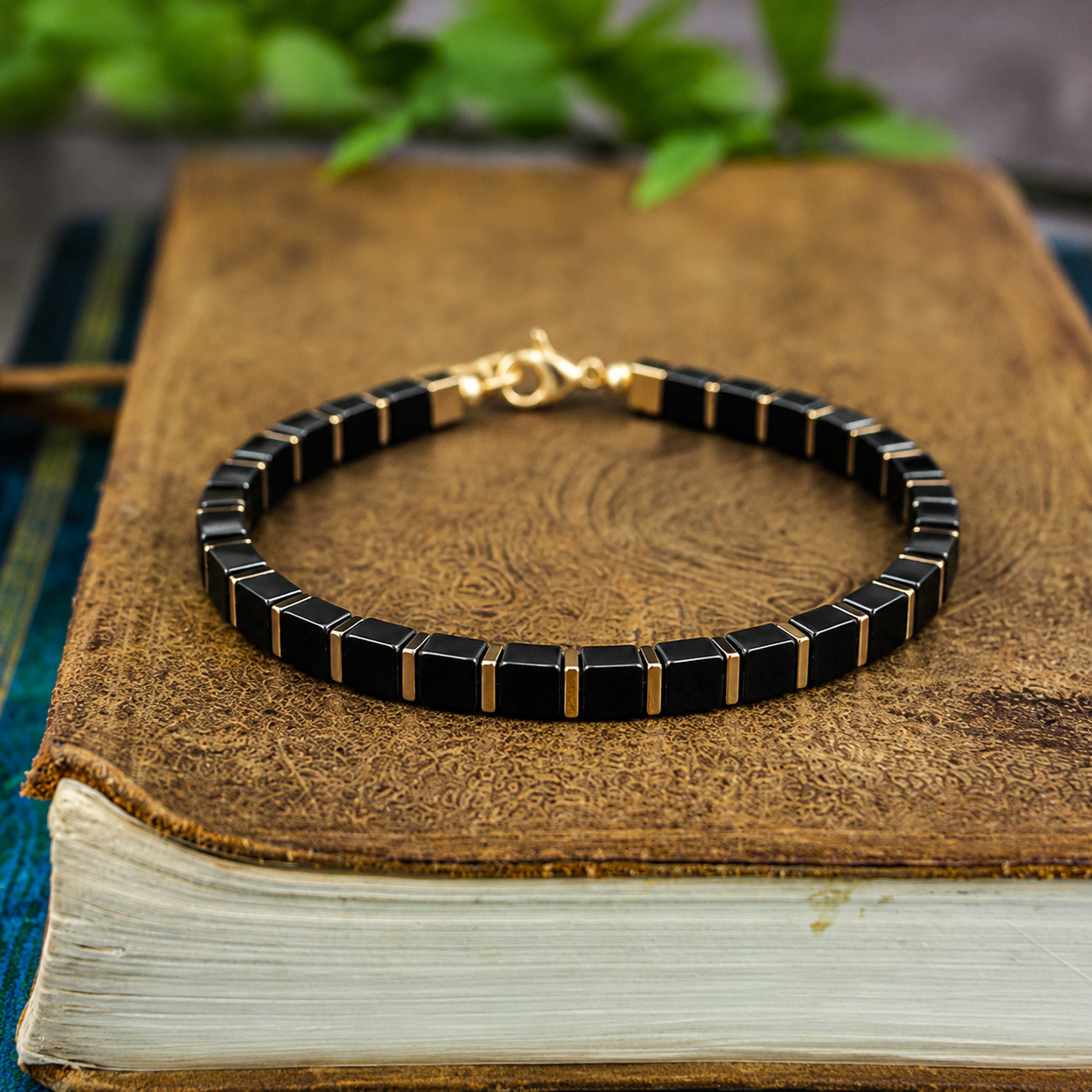 Natural Black Obsidian Cube Bracelet Mens Minimalist Beaded Stone Bracelet Gift