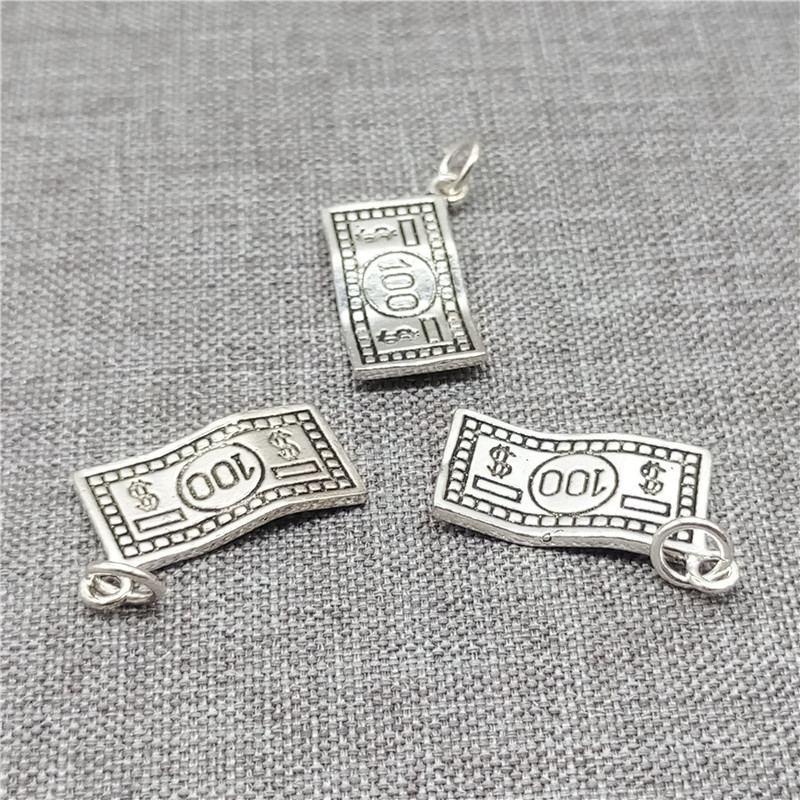 2pcs of 925 Sterling Silver One Hundred Dollar Bill Charms Pendants 2-Sided
