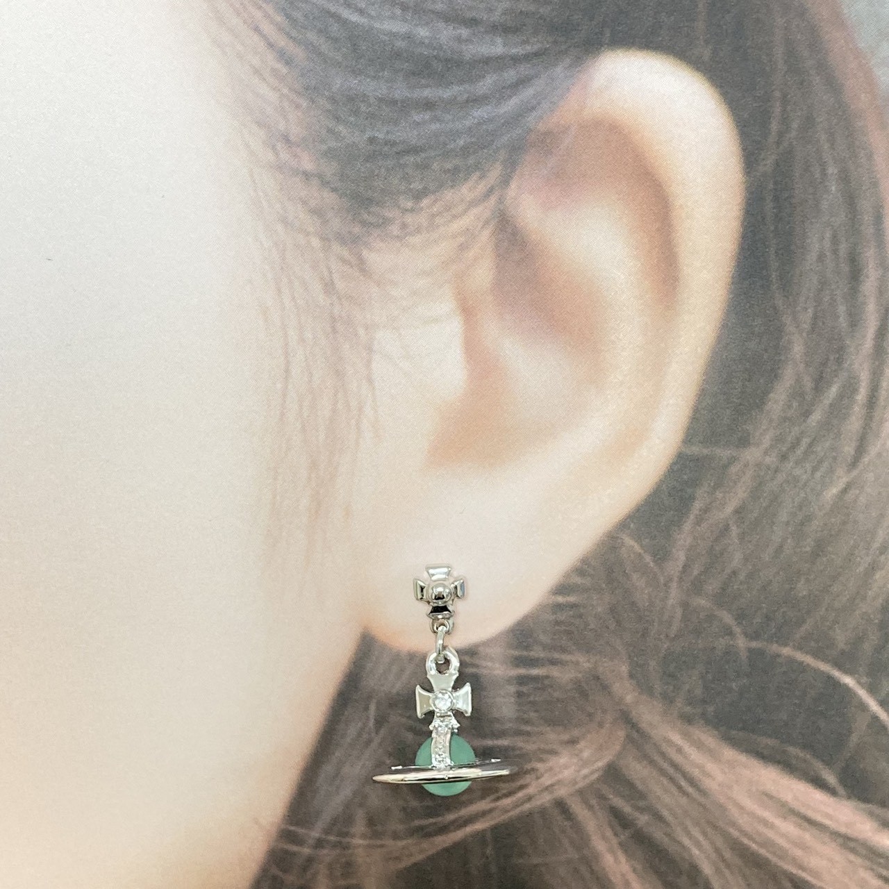 Vivienne Westwood Earrings Petite Orb Silver Light Green 2.5 x 1.4cm NO BOX