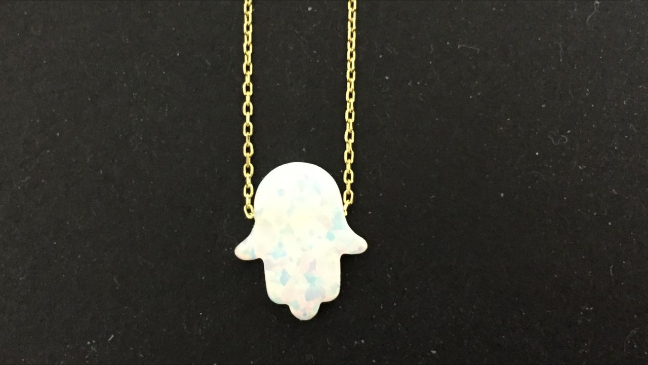 18K Gold on 925 Sterling Silver Opal Hamsa Hand Fatima Pendant Necklace White