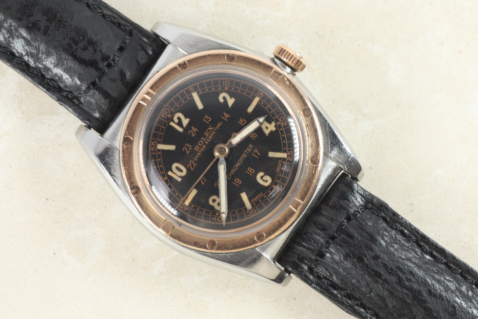 Rolex Bubbleback REF 3372 Rose Gold & Steel Circa 1940s Chronometer Sweep Second