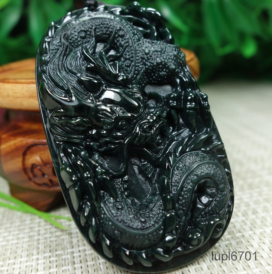 Certified Black green Burma Type A 100%Natural A Jadeite Jade Pendant~Dragon墨翠龙