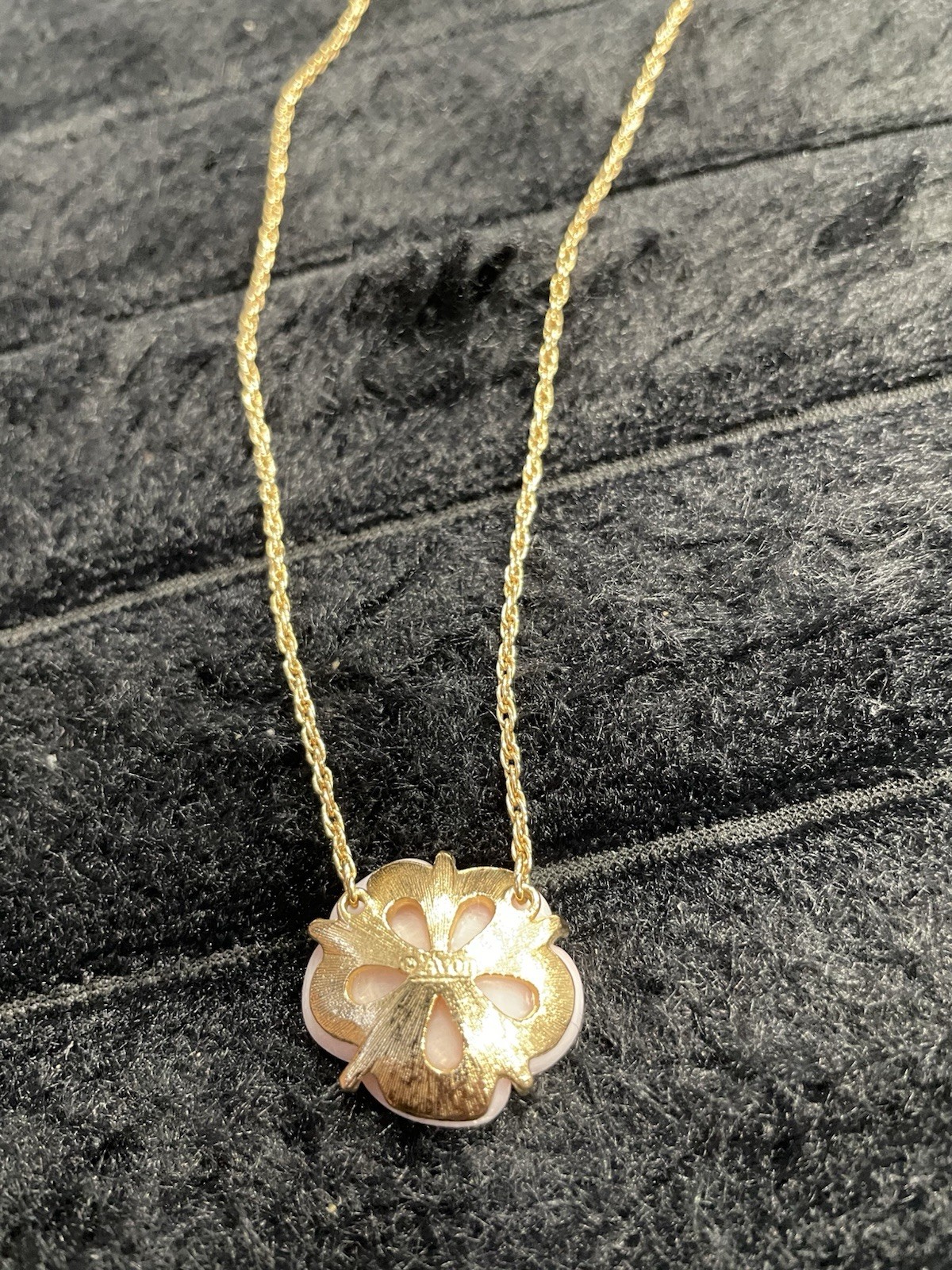 Vintage Avon Pink Carved Flower Pendant Necklace Gold Tone Rhinestone Center