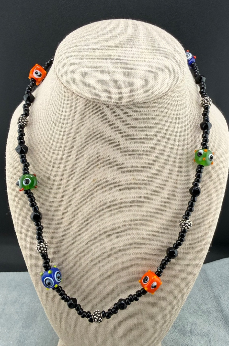 Vintage Glass Beaded Necklace Black Blue Orange Green 20”