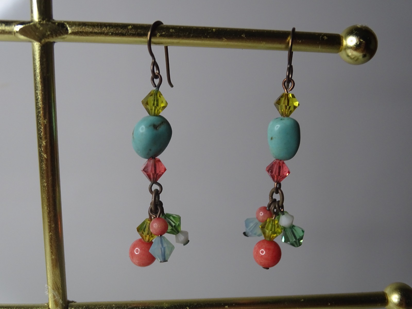 Vibrant Southwestern Turquoise & Red Coral Beaded Dangle Hook Earrings 7.83g