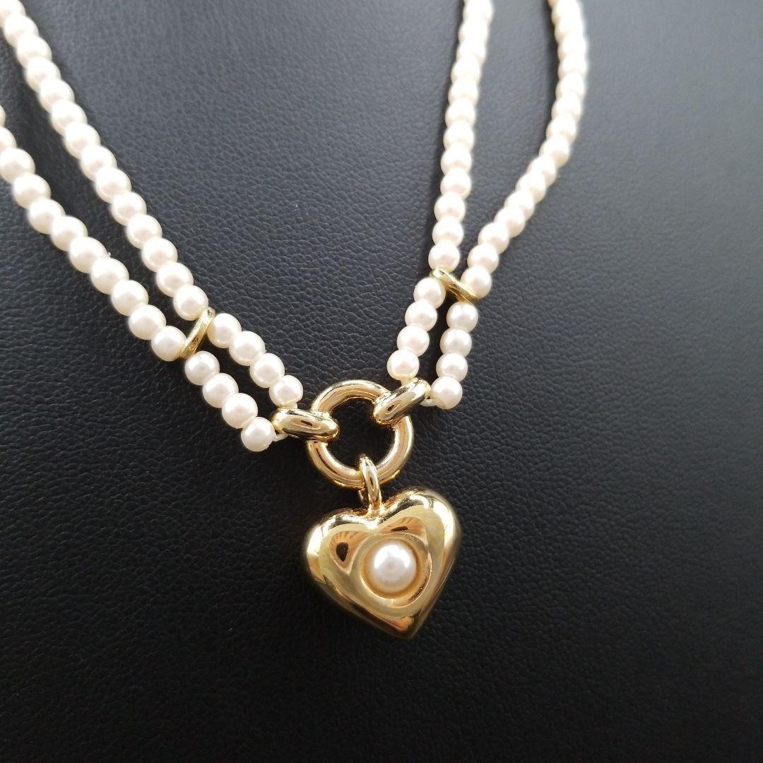 GIVENCHY Pearl Heart Motif Necklace Pendant Gold Tone Length 40cm Accessory