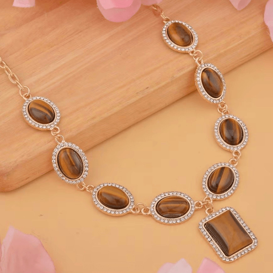 Yellow Tiger’s Eye and White Austrian Crystal Adjustable Necklace 90.00 ctw New