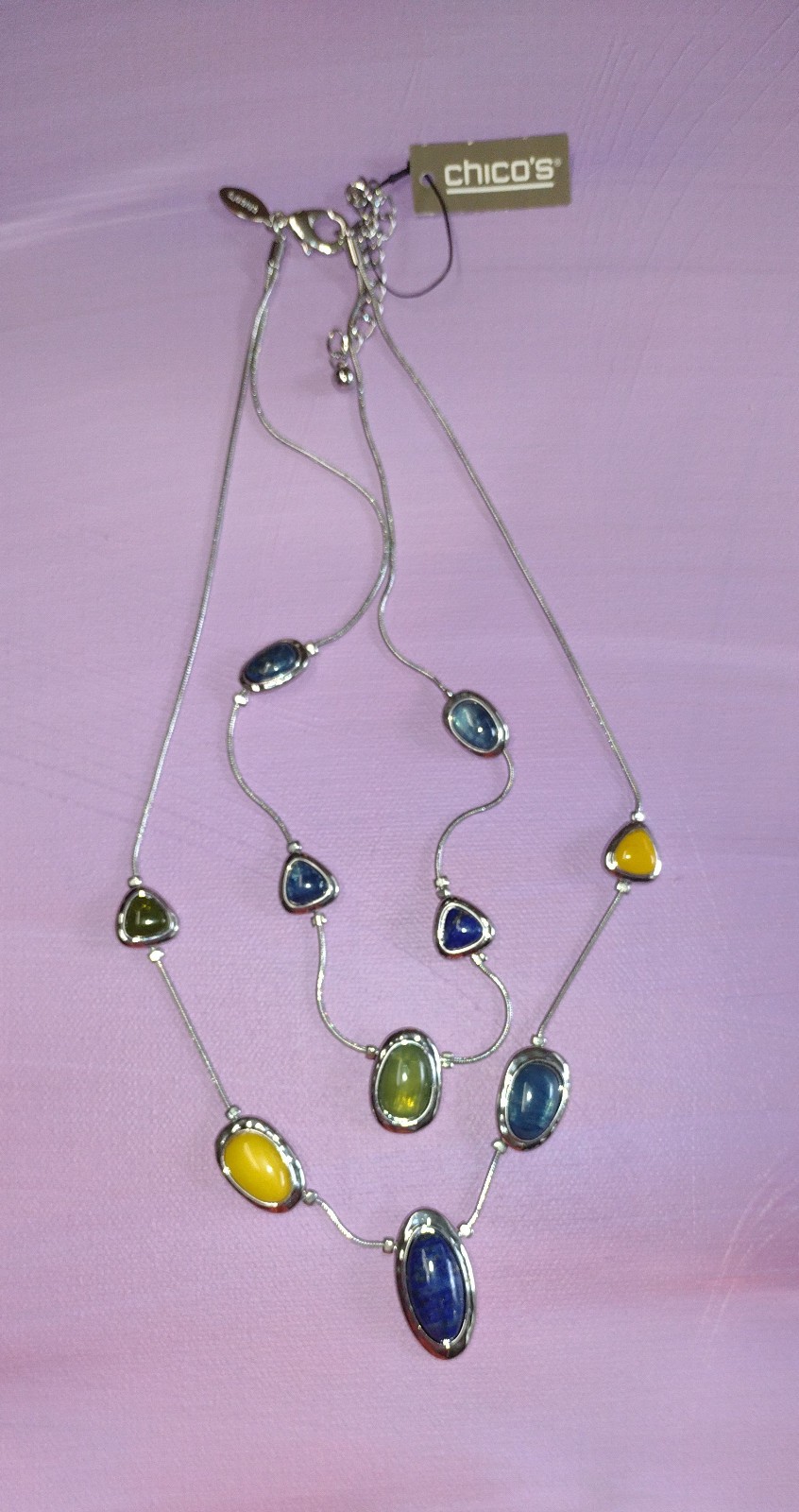 Chicos Silver Tone Double Strand Necklace with Faux Multicolor Stones NWT