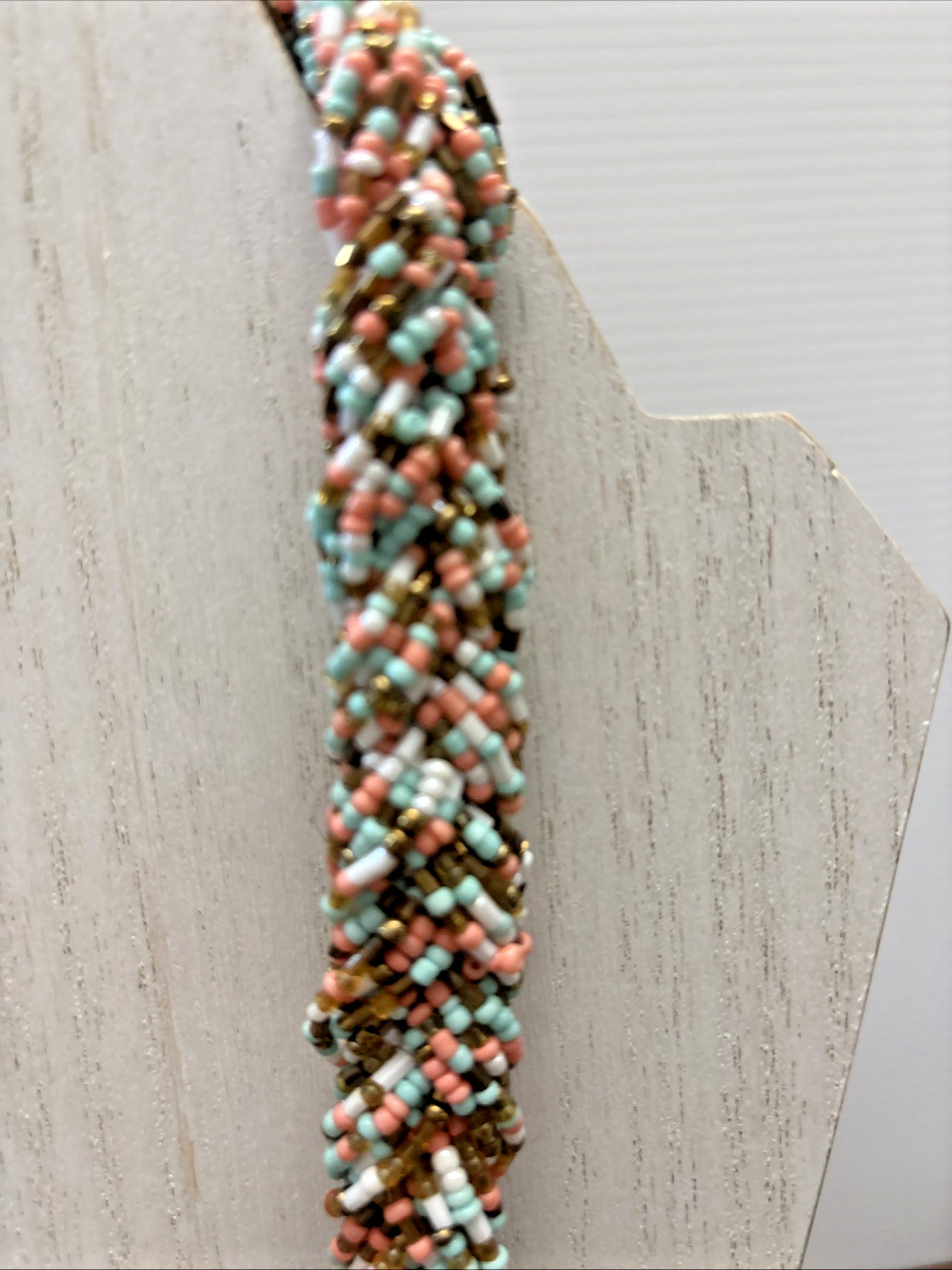 Handcrafted Beaded Necklace Brown Pink Turquoise White Pattern 24 Inch Long