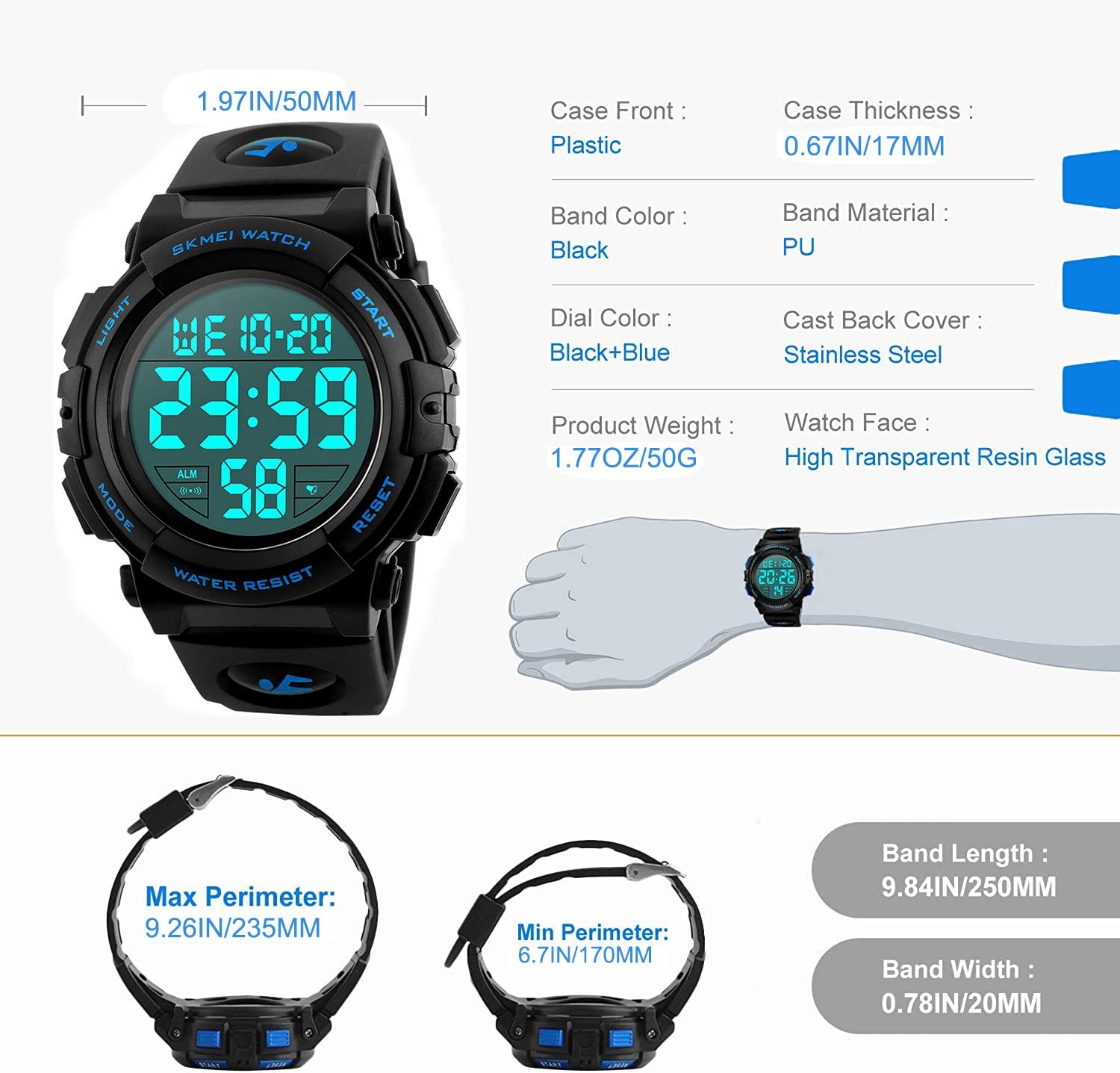 Men’s Military Tactical Sport Digital Watch 50mm Large Face Black WaterProof 50M