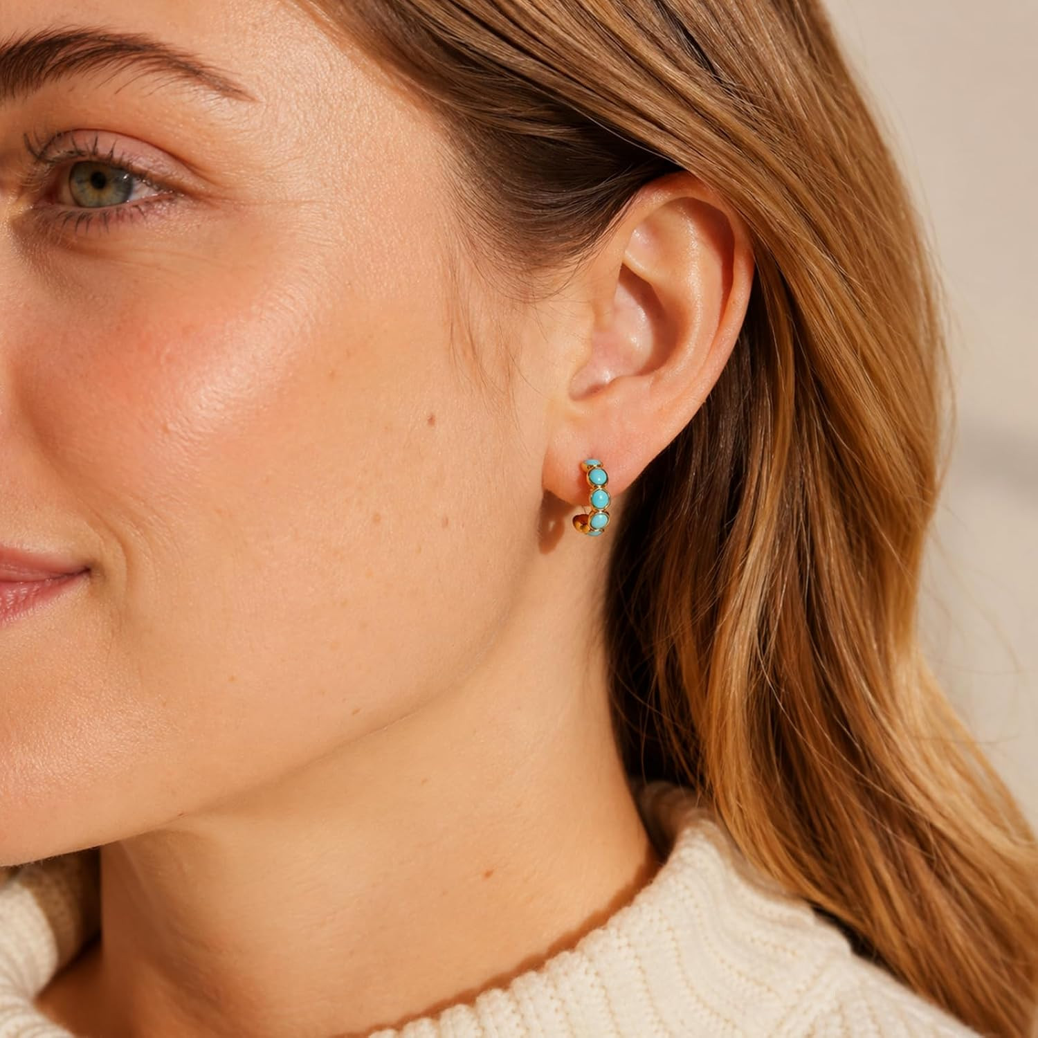 Genuine Turquoise Hoop Earrings with 925 Sterling Silver Post | Natural Western