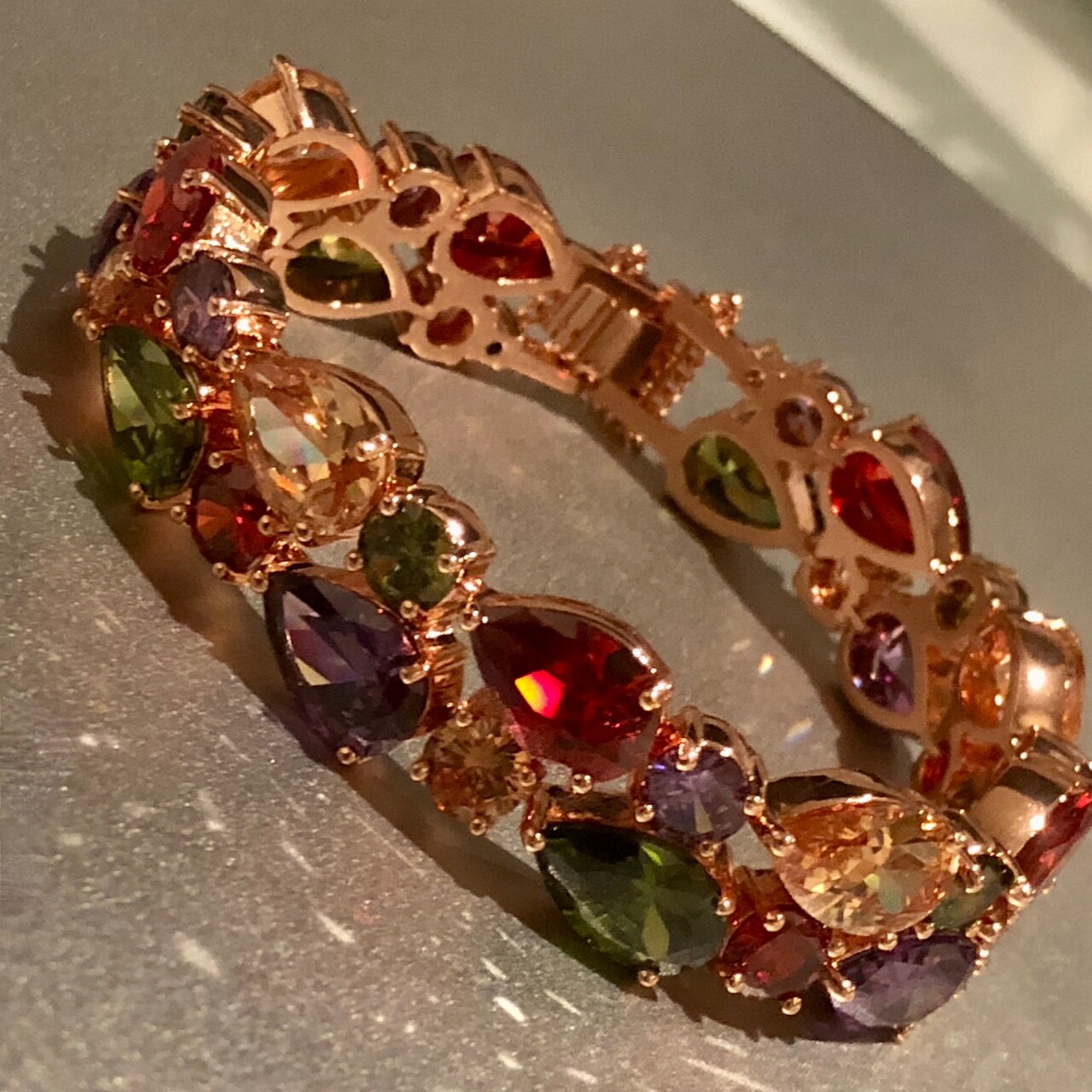 18k Rose Gold Filled Multicolor Tennis Bracelet made w Swarovski Crystal 6.5”