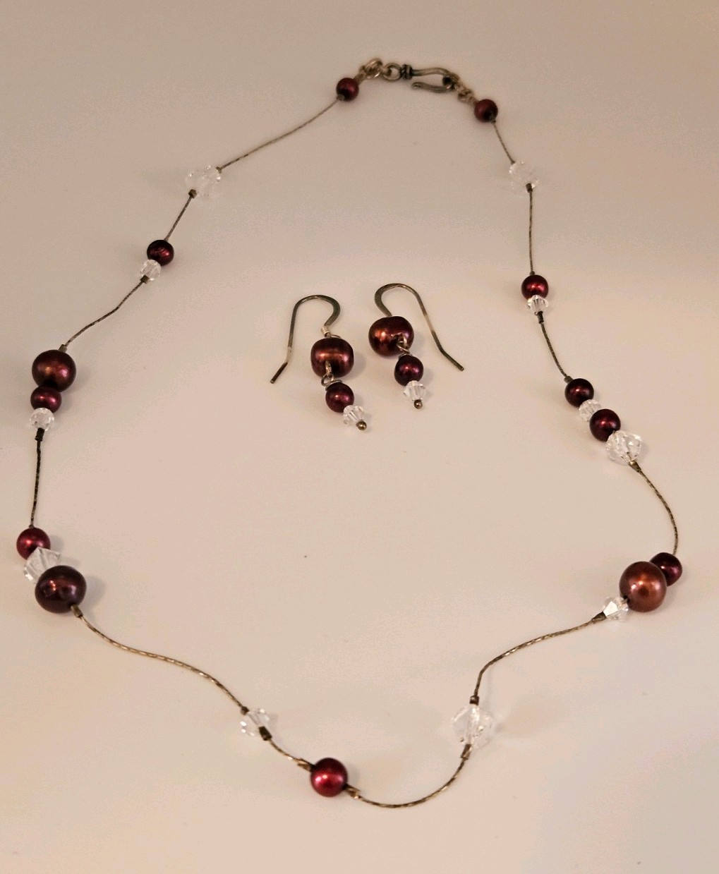 Burgundy Red Pearl Crystal Bead Sterling Silver 925 NECKLACE & EARRINGS