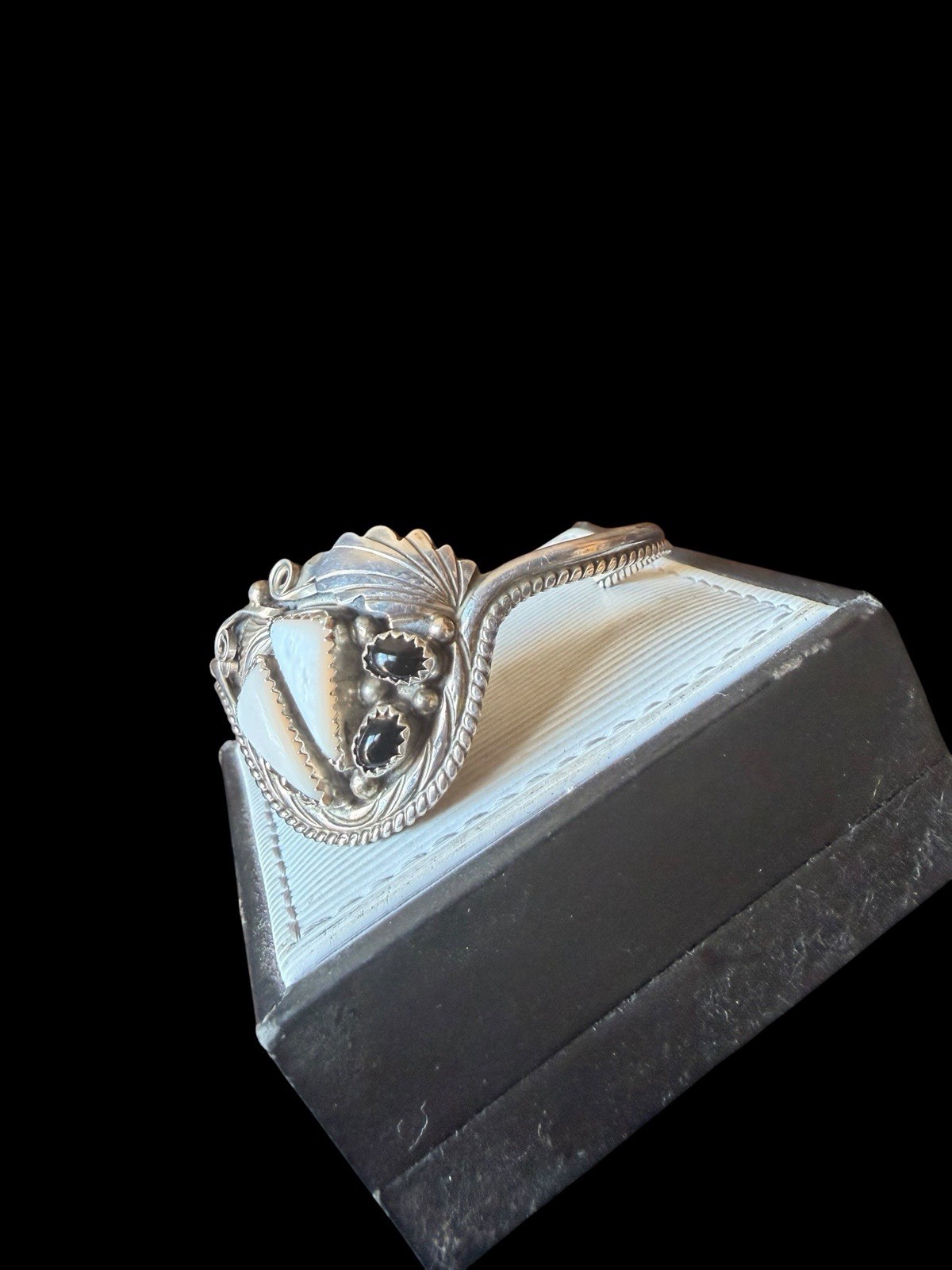 Signed Navajo Justin Morris Sterling Silver Mother-Of-Pearl & Onyx Cuff