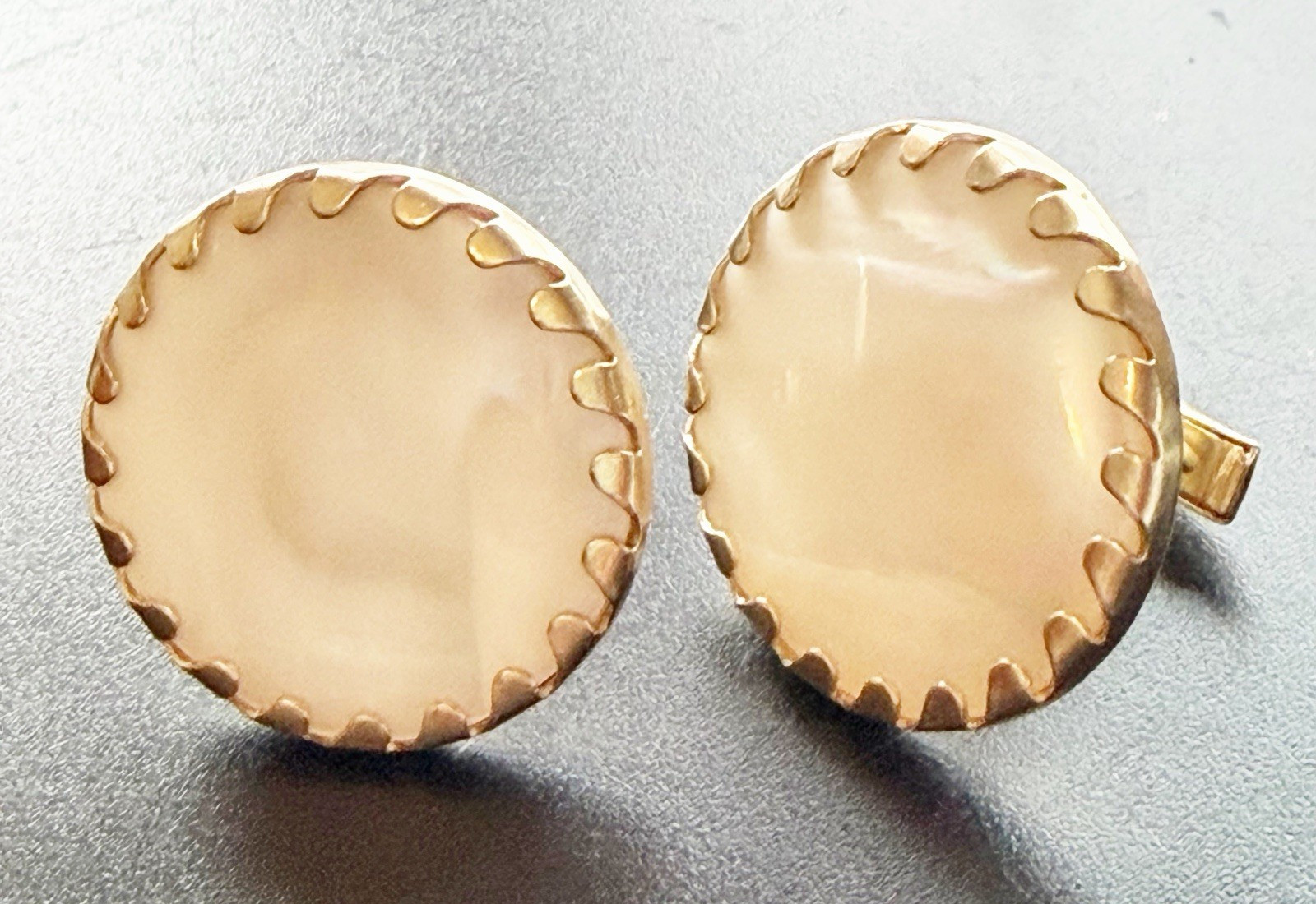 Vintage Pearl Cream Faux Moonstone Cabochon Cuff Link Set Gold Crimped Edge MCM
