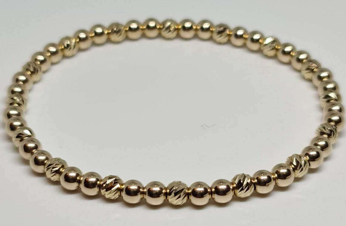 14K Solid Yellow Gold Bar Cut Faceted /Smooth Round 4mm Stretch Unisex Bracelet