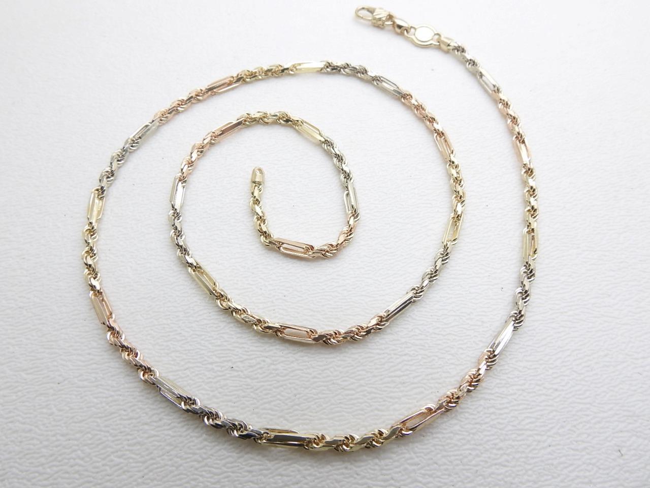 14K Tri Multi Gold Yellow White Rose Figarope Chain Necklace 20.1 Grams 22″ Inch