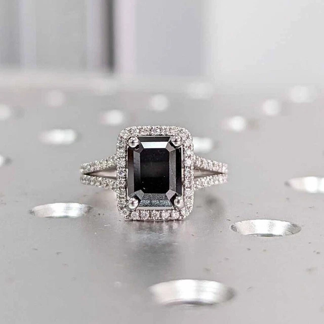 Black Emerald Cut Moissanite Halo Engagement Ring 925 Silver 14K Vermeil Ring