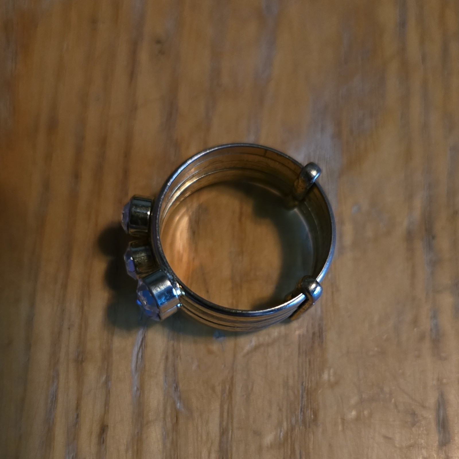Silver Tone Adjustable Metal Band Cocktail Ring Size 10.5 Round Blue Crystals