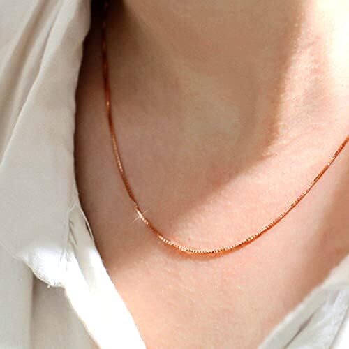 10k Real Solid Gold Mirror Box Chain Necklace, 0.6mm (16 Inches, Rose Gold)