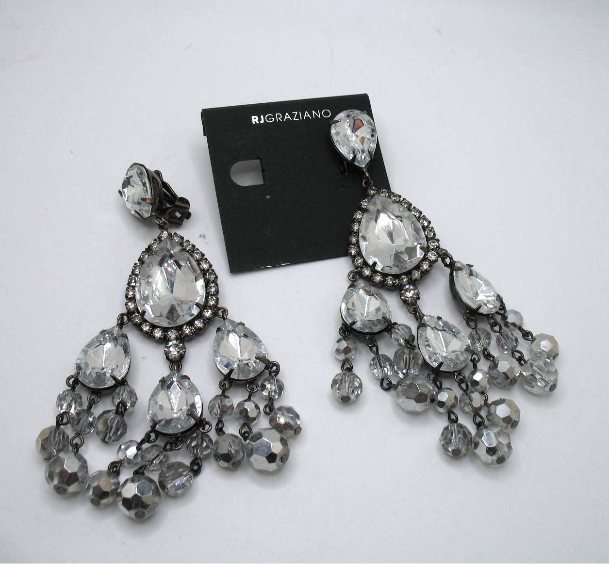 Vintage RJ Graziano clip statement chandelier rhinestone & crystal bead earrings