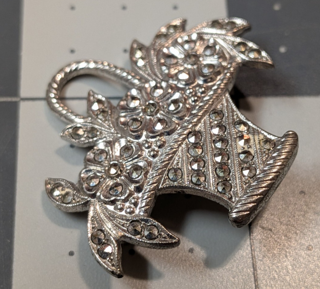 Vintage Sterling Silver Marcasite Flower Basket Brooch Pin 6.58g