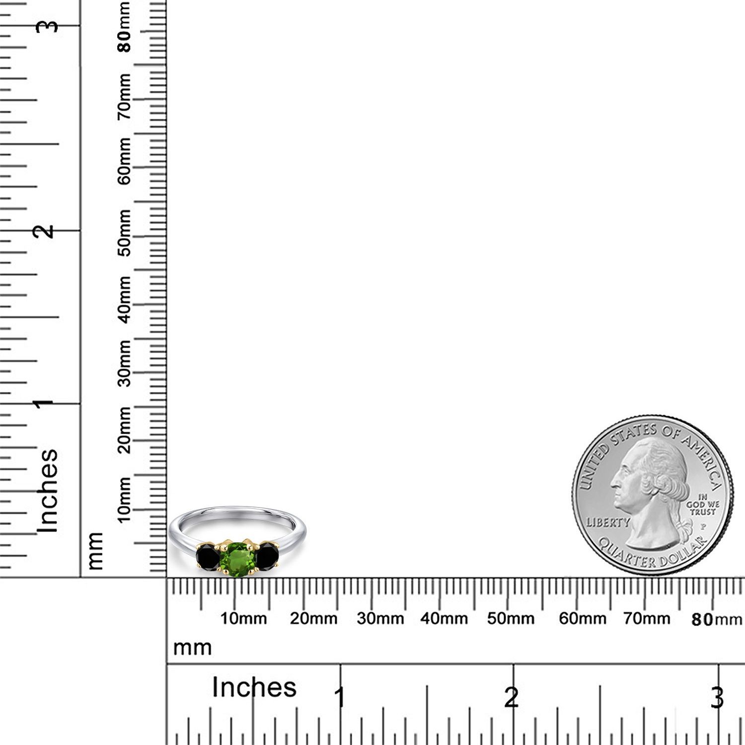 925 Silver and 10K Yellow Gold Green Chrome Diopside and Black Diamond