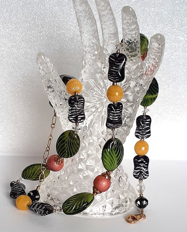 15″ Bohemian-style Necklace Handmade Painted Ceramic & Glass Beads w/2″ Extender