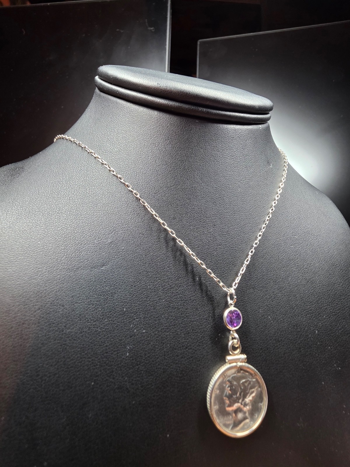 Vintage Mercury Dime Necklace in Sterling Silver 925 / Coin & Amethyst CZ stone
