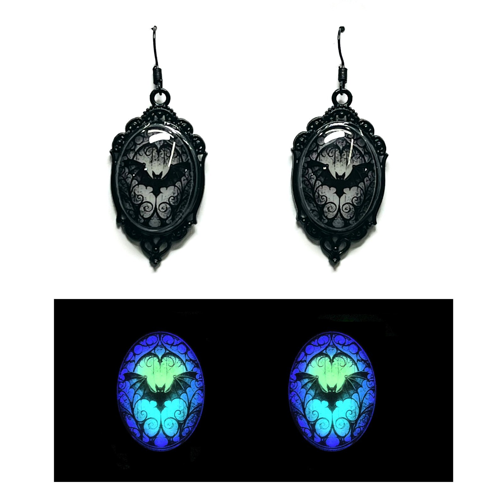 Bat Stained Glass Effect Lime Aqua Blue Purple/Violet Glow in the Dark Earrings