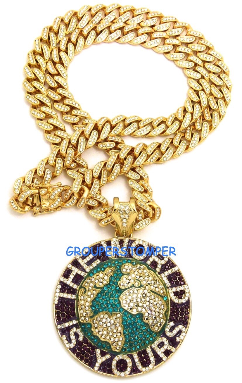 The World Is Yours Pendant with 24 Inch Cuban Link Crystal Rhinestone Necklace